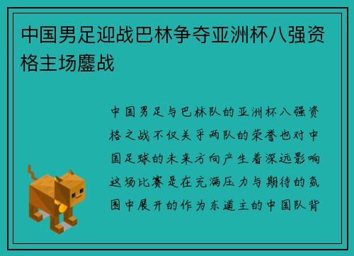 中国男足迎战巴林争夺亚洲杯八强资格主场鏖战